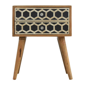 Geometric Bone Inlay Bedside Table | 2 Drawers | Solid Mango Wood
