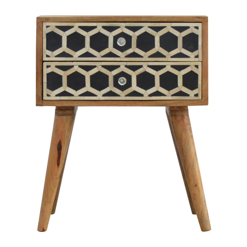 Geometric Bone Inlay Bedside Table | 2 Drawers | Solid Mango Wood