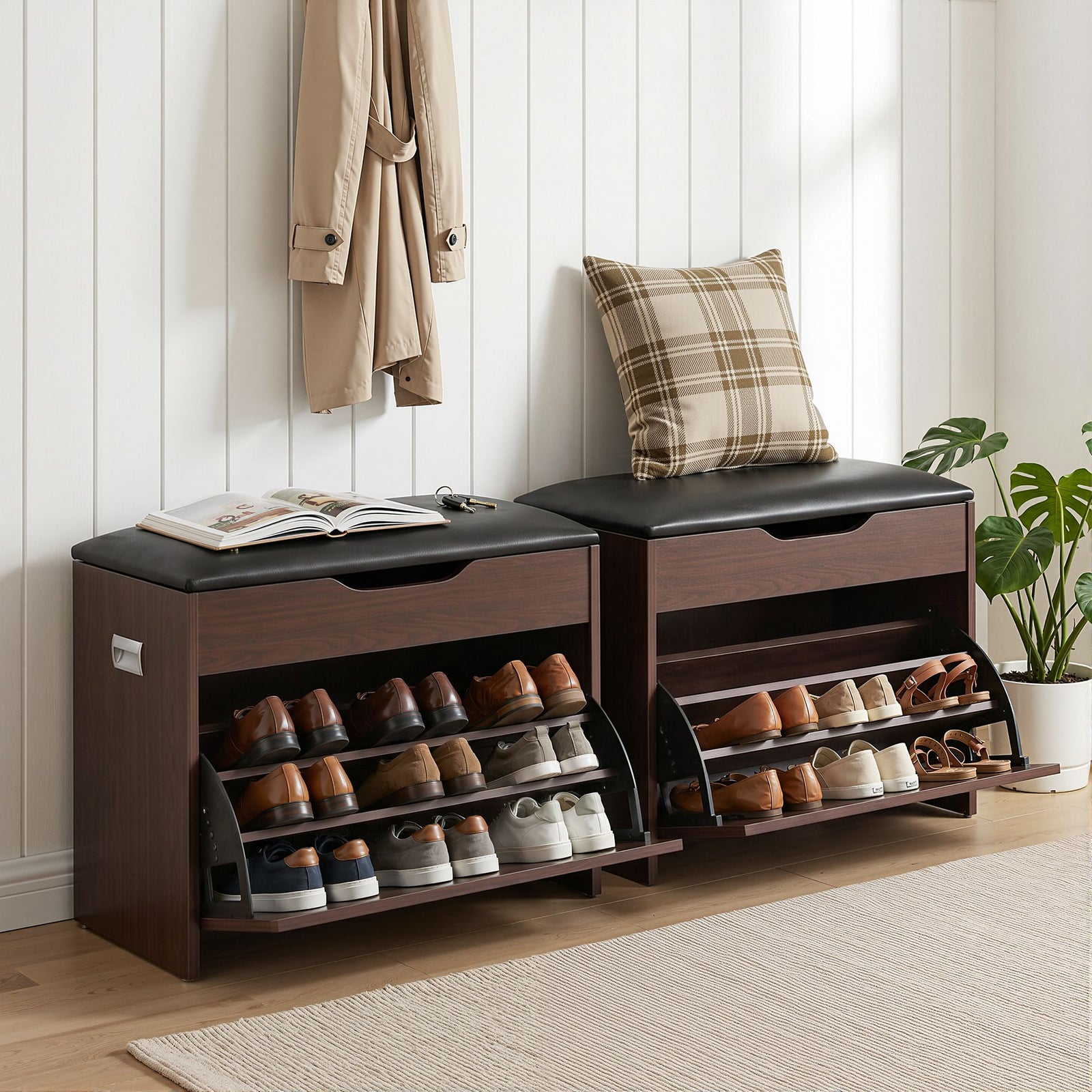 Shoe Bench Set | 2 Pack | Flip Drawer Storage | Walnut
