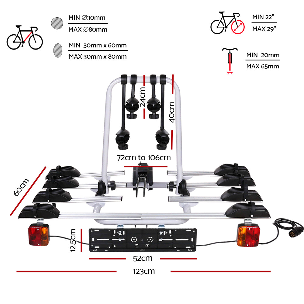 Giantz 4 Bicycle Bike Carrier Rack | Car Towbar Hitch Ball Mount | Tail Light | Silver