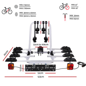 Giantz 4 Bicycle Bike Carrier Rack | Car Towbar Hitch Ball Mount | Tail Light | Silver