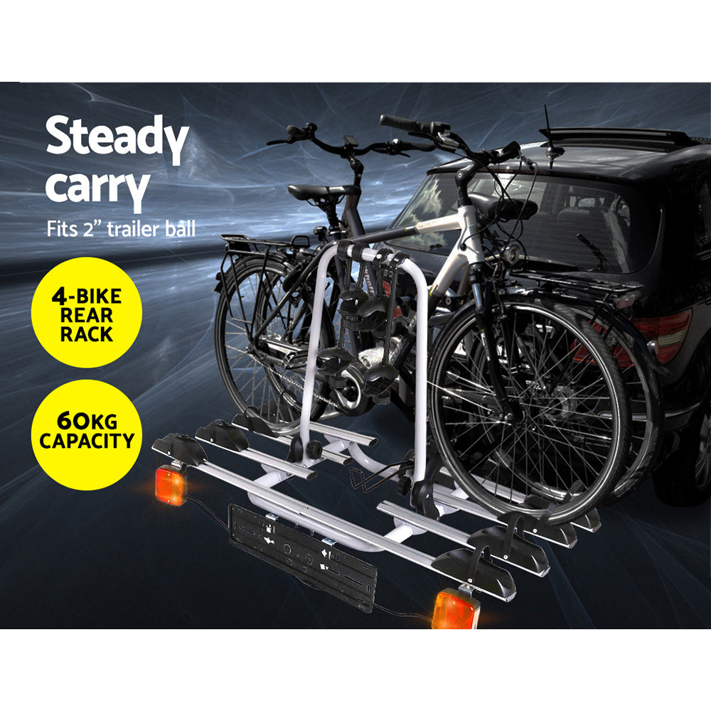 Giantz 4 Bicycle Bike Carrier Rack | Car Towbar Hitch Ball Mount | Tail Light | Silver