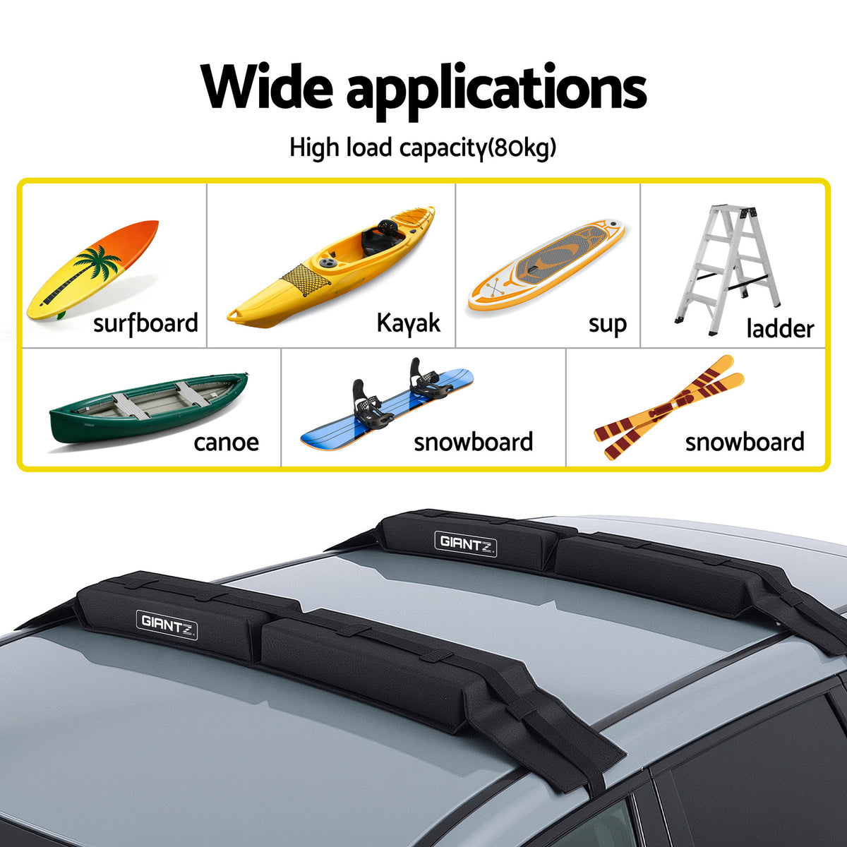 Universal Soft Roof Rack | Kayak SUP Surfboard Pads | Tie Down Straps | 80kg Capacity