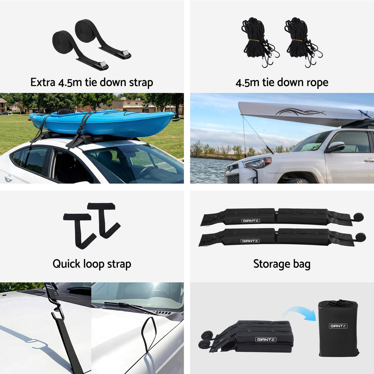 Universal Soft Roof Rack | Kayak SUP Surfboard Pads | Tie Down Straps | 80kg Capacity