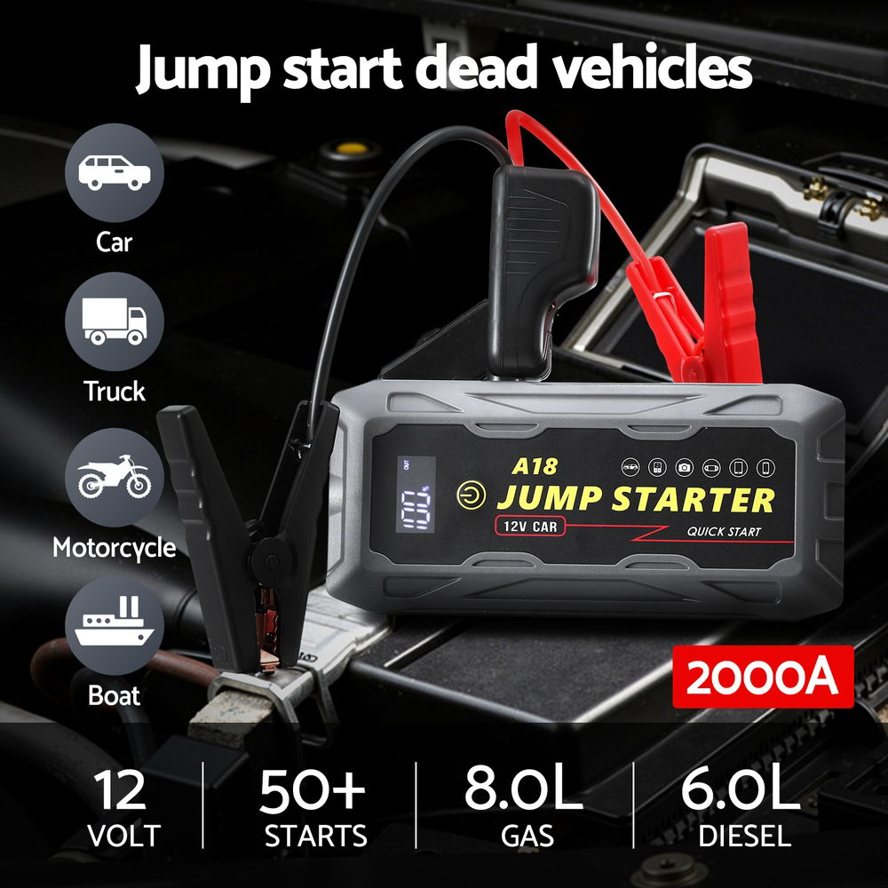 Car Jump Starter | 2000A | 12V Lithium Booster Pack | Power Bank + Cables
