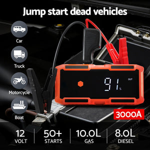 Car Jump Starter | 3000A | 12V Lithium Booster Pack | Power Bank + Cables