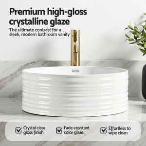 Ceramic Bathroom Basin | Round Countertop Vessel Sink | 36cm | White