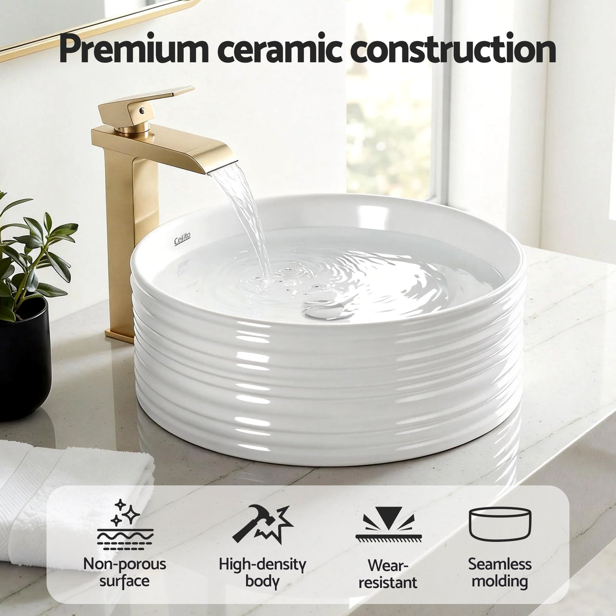 Ceramic Bathroom Basin | Round Countertop Vessel Sink | 36cm | White