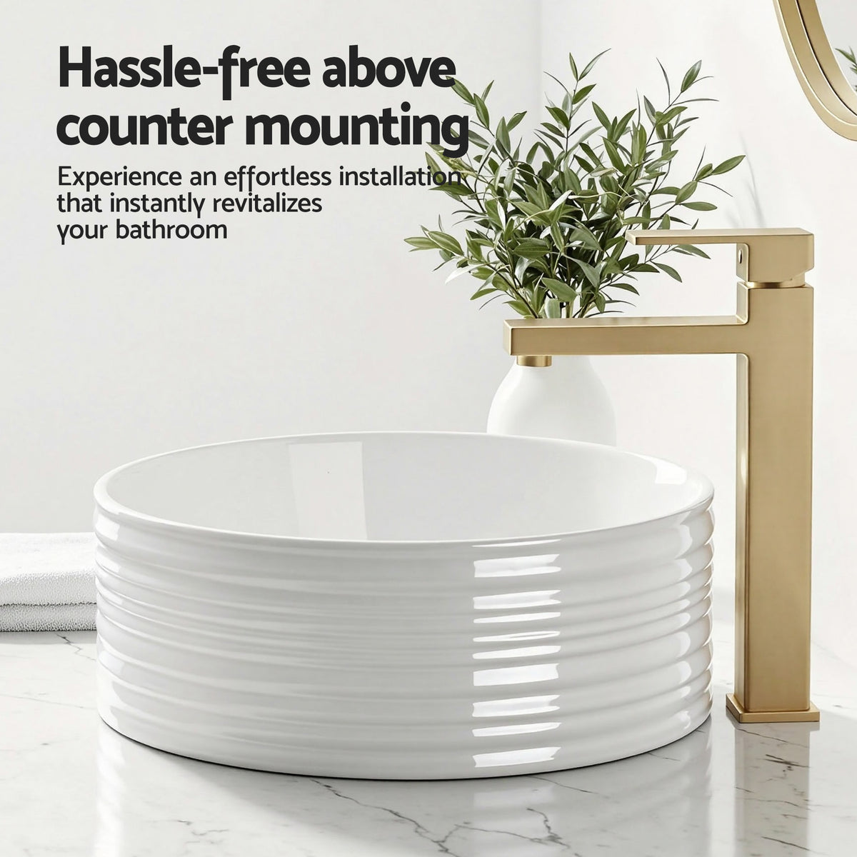 Ceramic Bathroom Basin | Round Countertop Vessel Sink | 36cm | White