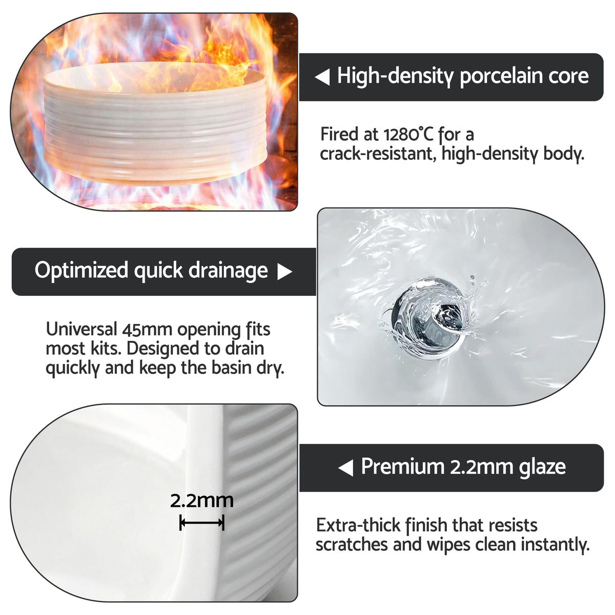 Ceramic Bathroom Basin | Round Countertop Vessel Sink | 36cm | White