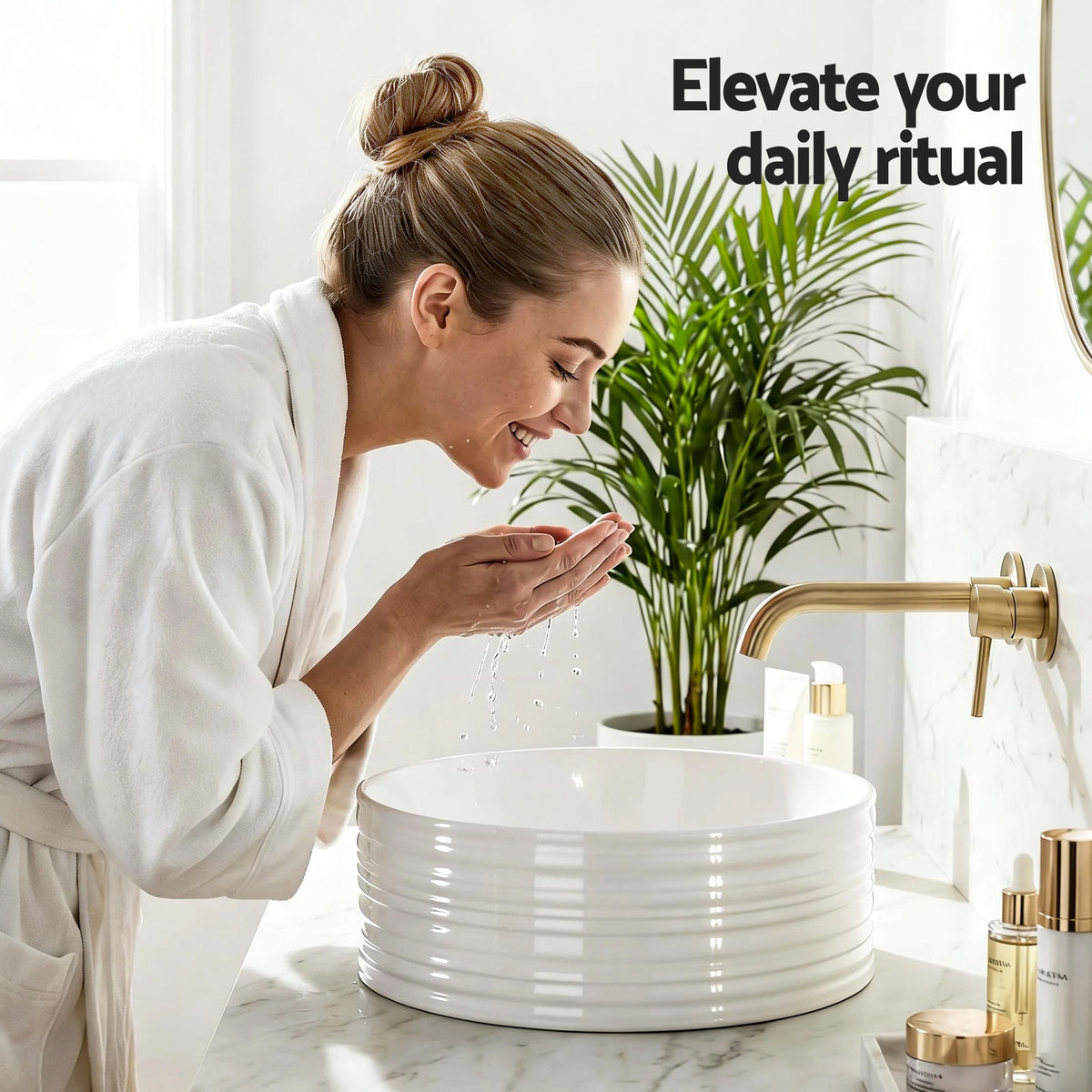 Ceramic Bathroom Basin | Round Countertop Vessel Sink | 36cm | White