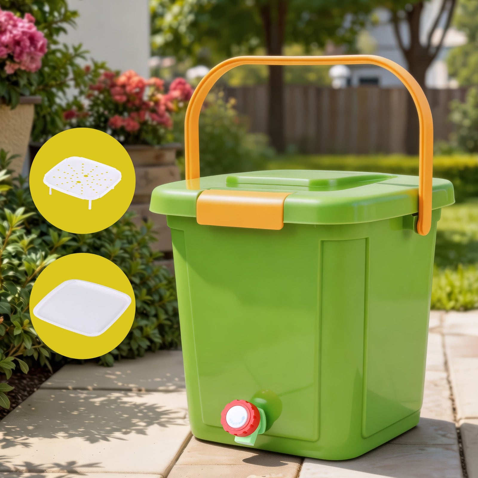 Kitchen Compost Bin | 15L Food Waste Caddy with Drain Tap | Green