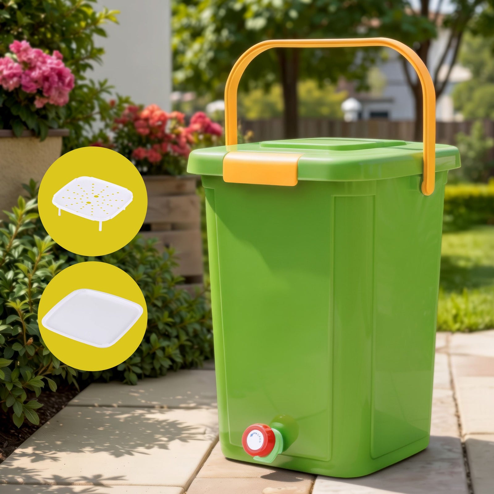 Kitchen Compost Bin | 20L Food Waste Caddy with Drain Tap | Green
