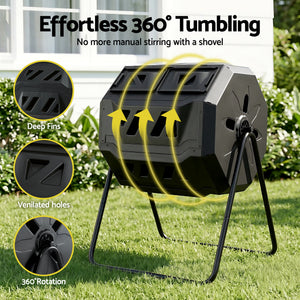 Gardeon Compost Bin Dual-Chamber 160L Composter Tumbler Rotating Garden Recycle Food Waste
