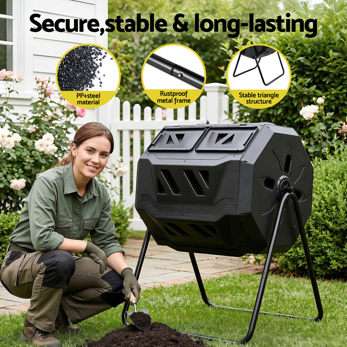 Gardeon Compost Bin Dual-Chamber 160L Composter Tumbler Rotating Garden Recycle Food Waste