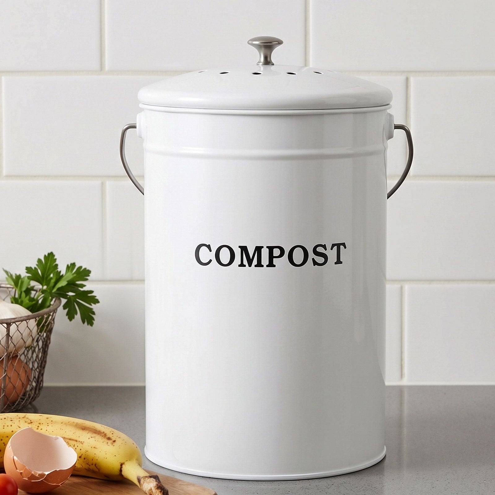 Kitchen Compost Bin | Bench Top Food Waste Caddy | White