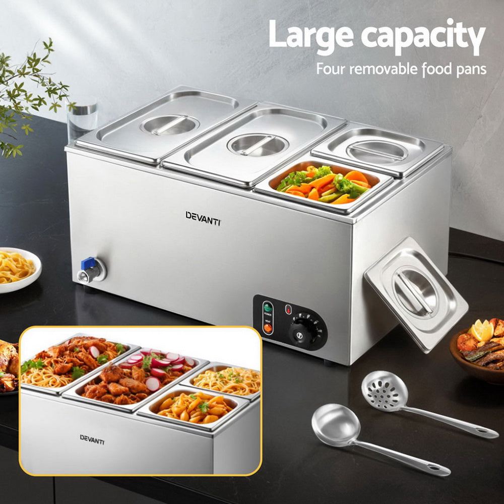 Commercial Food Warmer | Electric Bain Marie | 4 Buffet Pans | Stainless Steel