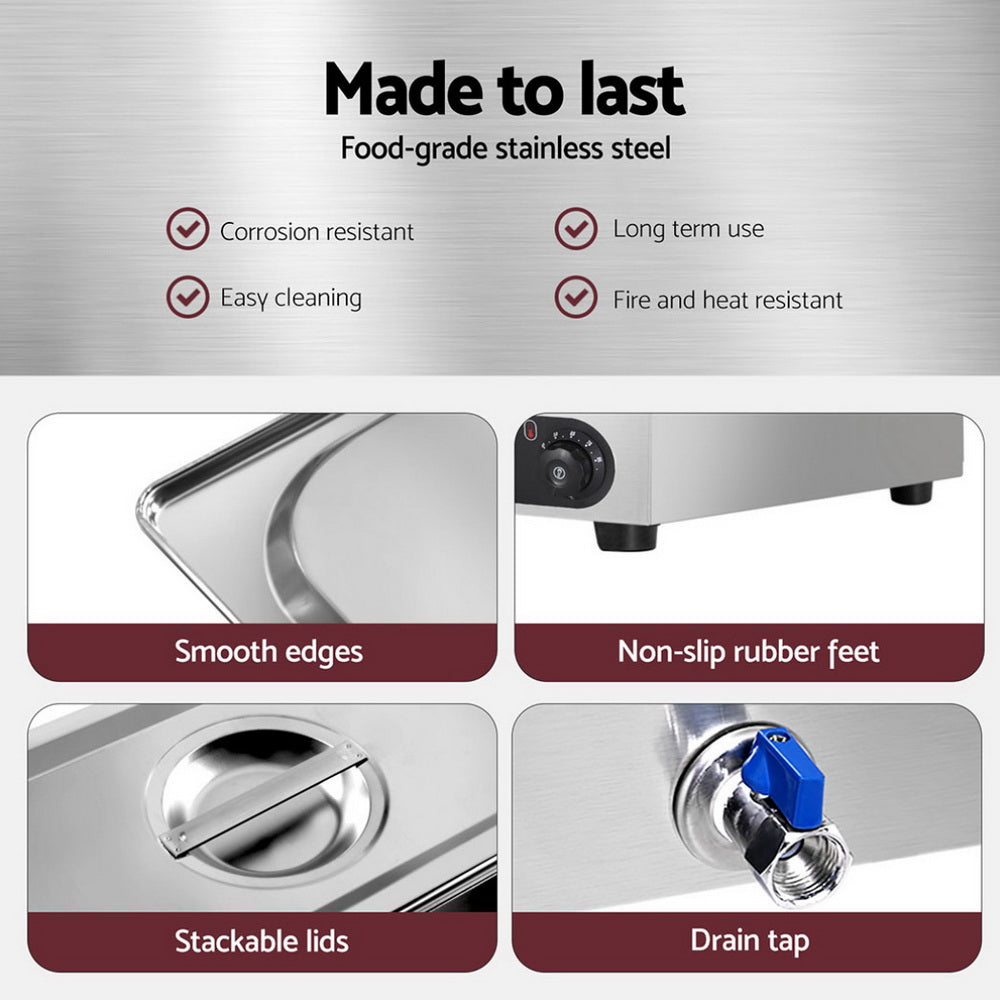 Commercial Food Warmer | Electric Bain Marie | 4 Buffet Pans | Stainless Steel