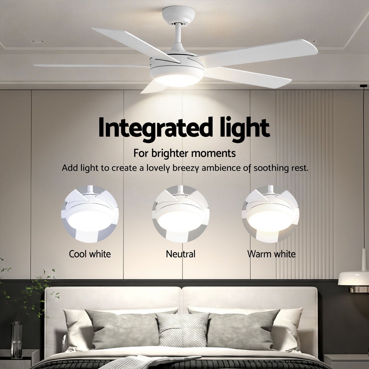 52 Inch Ceiling Fan with Light | 5 Blades | DC Motor | Remote | White