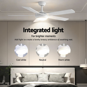 52 Inch Ceiling Fan with Light | 5 Blades | DC Motor | Remote | White