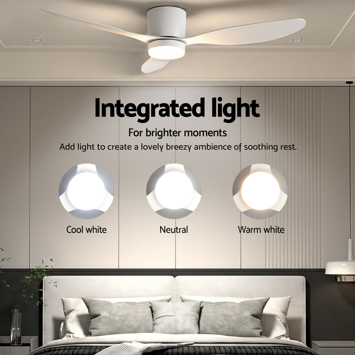 52 Inch Ceiling Fan with Light | 3 Blades | DC Motor | Remote | White