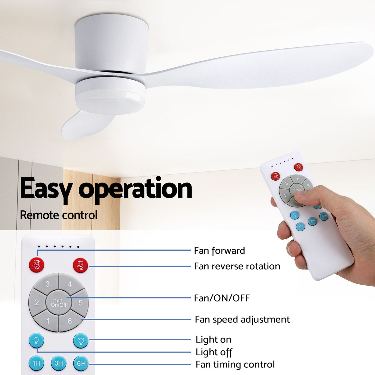 52 Inch Ceiling Fan with Light | 3 Blades | DC Motor | Remote | White