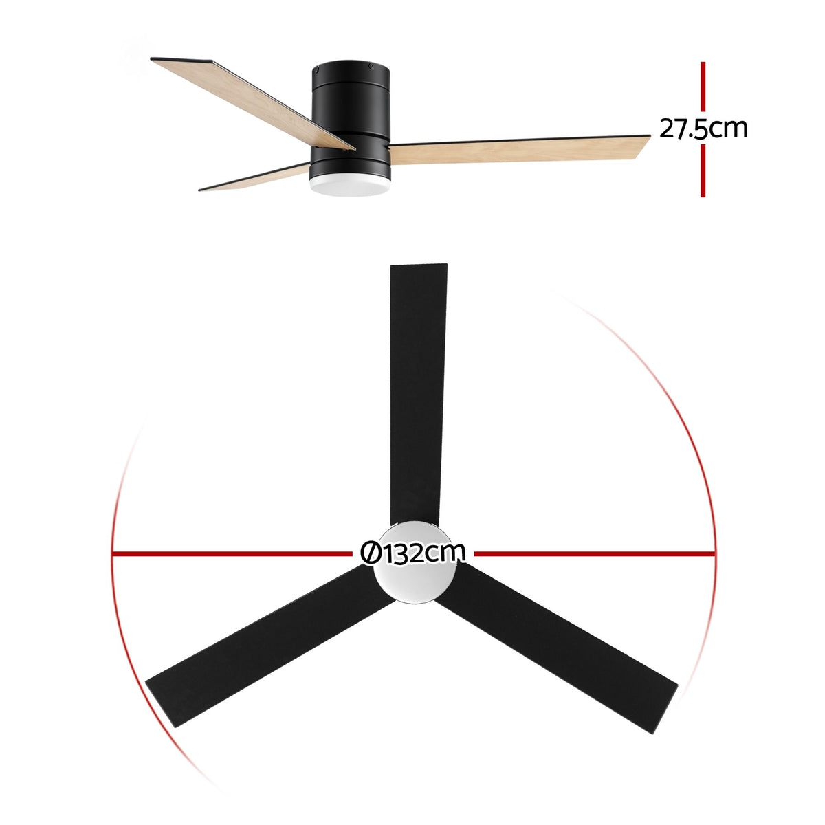 52 Inch Ceiling Fan with Light | 3 Blades | DC Motor | Remote | Light Wood & Black