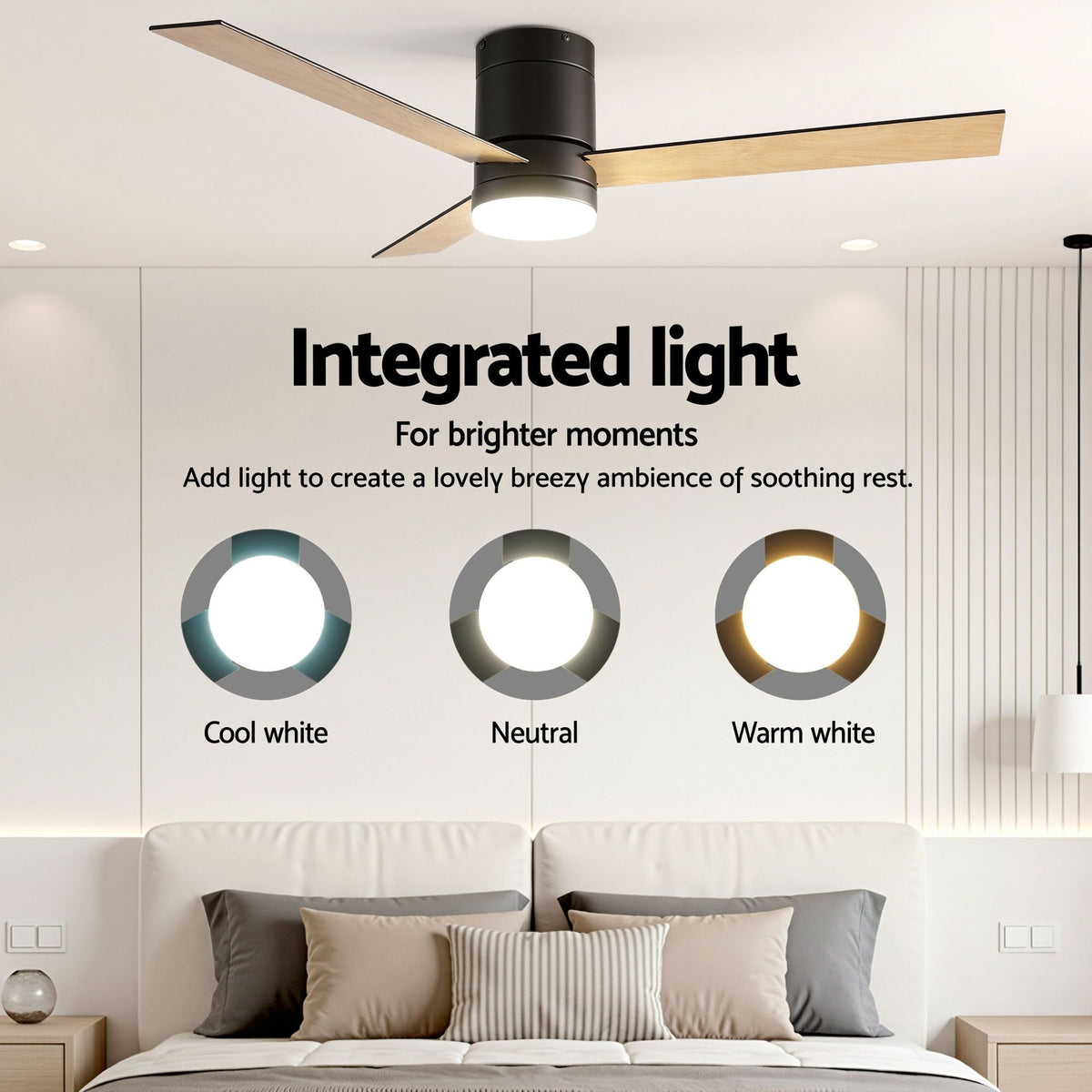 52 Inch Ceiling Fan with Light | 3 Blades | DC Motor | Remote | Light Wood & Black