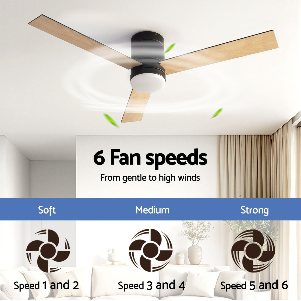 52 Inch Ceiling Fan with Light | 3 Blades | DC Motor | Remote | Light Wood & Black
