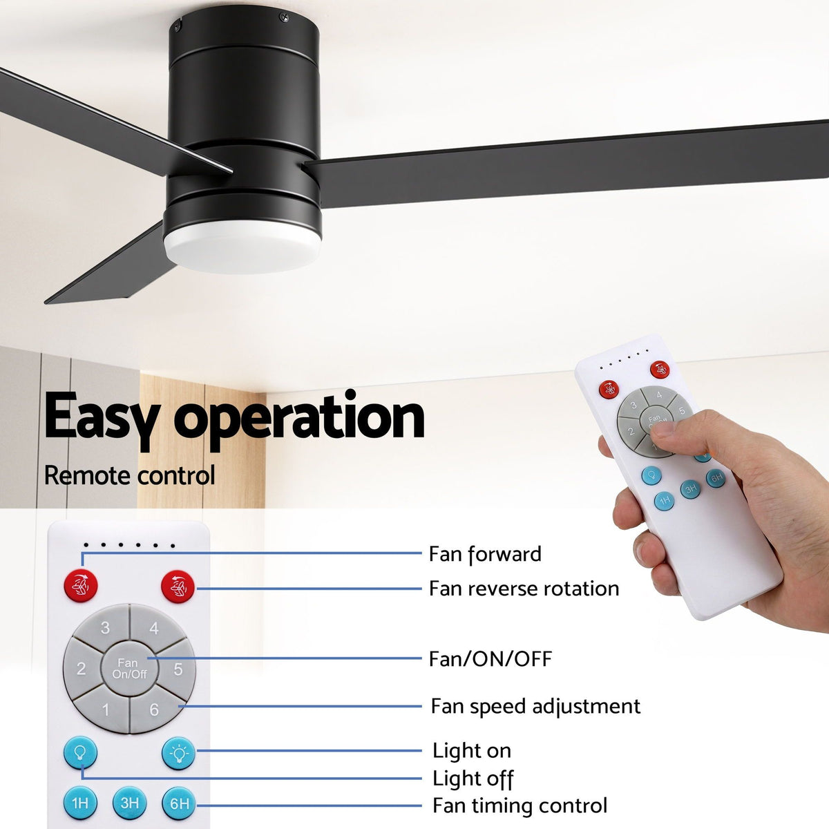 52 Inch Ceiling Fan with Light | 3 Blades | DC Motor | Remote | Light Wood & Black