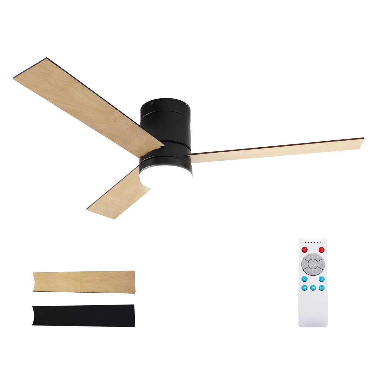 52 Inch Ceiling Fan with Light | 3 Blades | DC Motor | Remote | Light Wood & Black