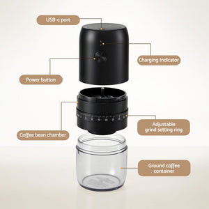 Devanti Electric Coffee Grinder USB-C Rechargeable Portable Coffee Bean Grinder with 40 Precise Grind Settings | Automatic Spice Nut Pepper Grinder Mill with Cleaning Brush & Ground Coffee Container for Home Office Camping Travel, Black