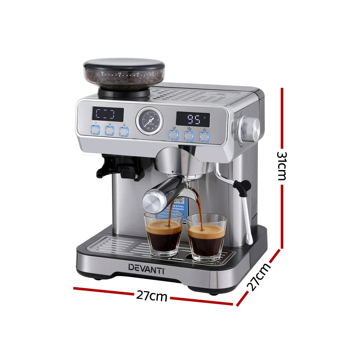 Espresso Coffee Machine | Grinder + Milk Frother | Steam Wand | Latte Maker