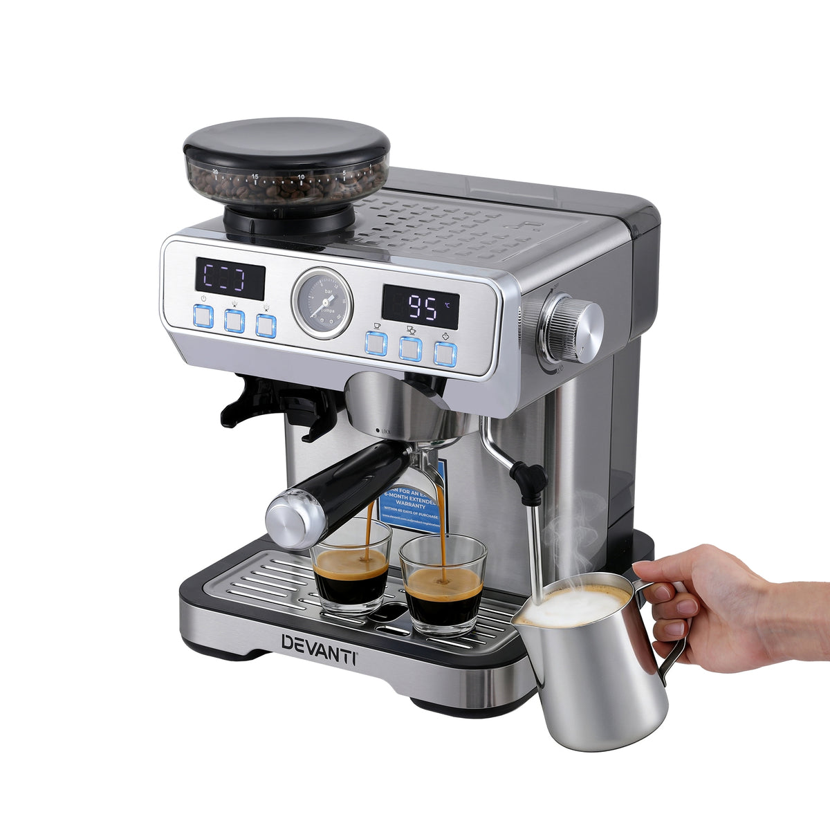 Espresso Coffee Machine | Grinder + Milk Frother | Steam Wand | Latte Maker