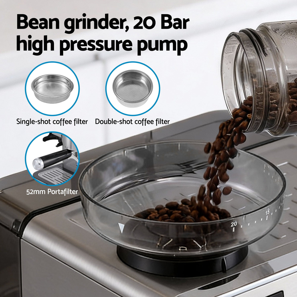 Espresso Coffee Machine | Grinder + Milk Frother | Steam Wand | Latte Maker