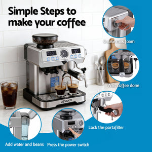 Espresso Coffee Machine | Grinder + Milk Frother | Steam Wand | Latte Maker