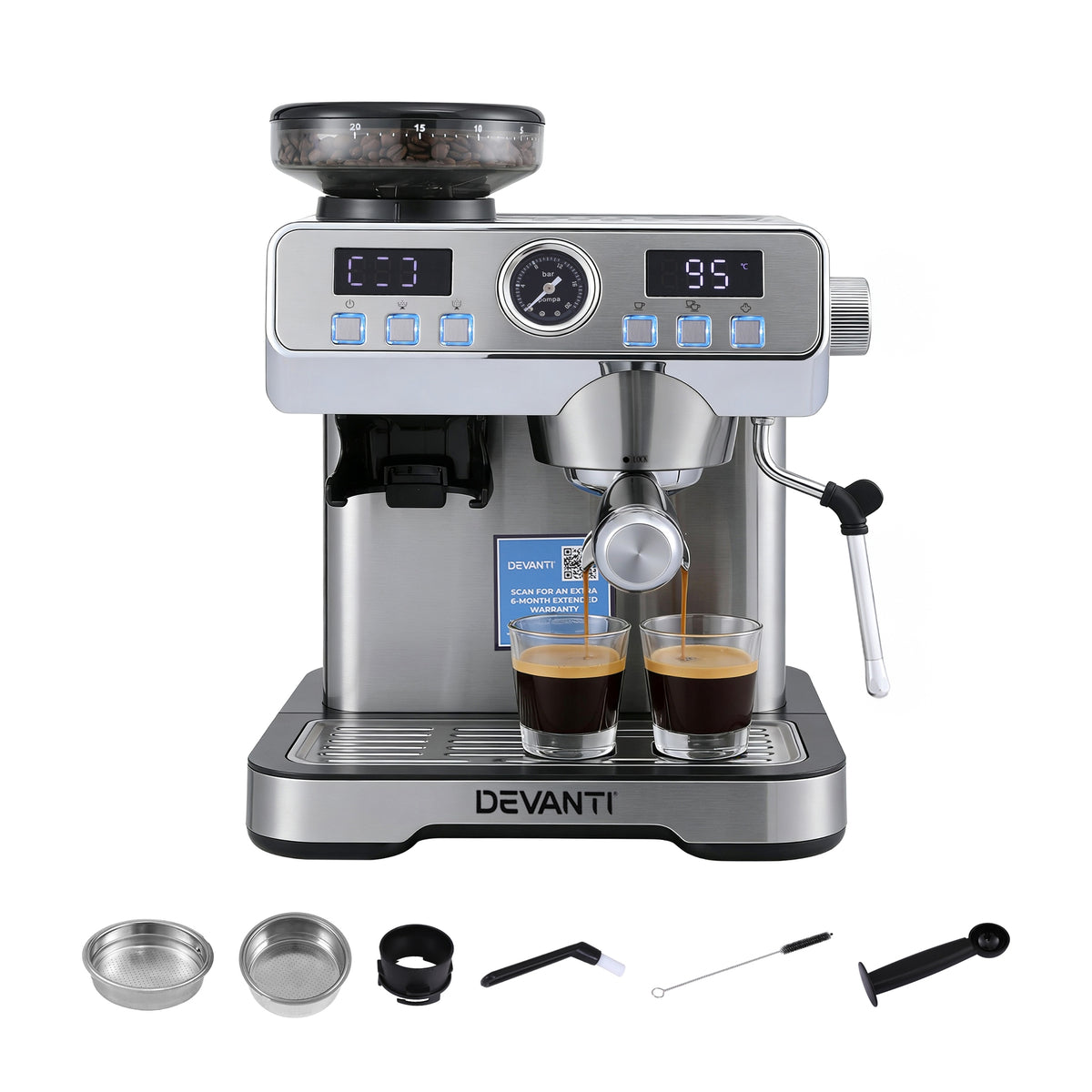 Espresso Coffee Machine | Grinder + Milk Frother | Steam Wand | Latte Maker