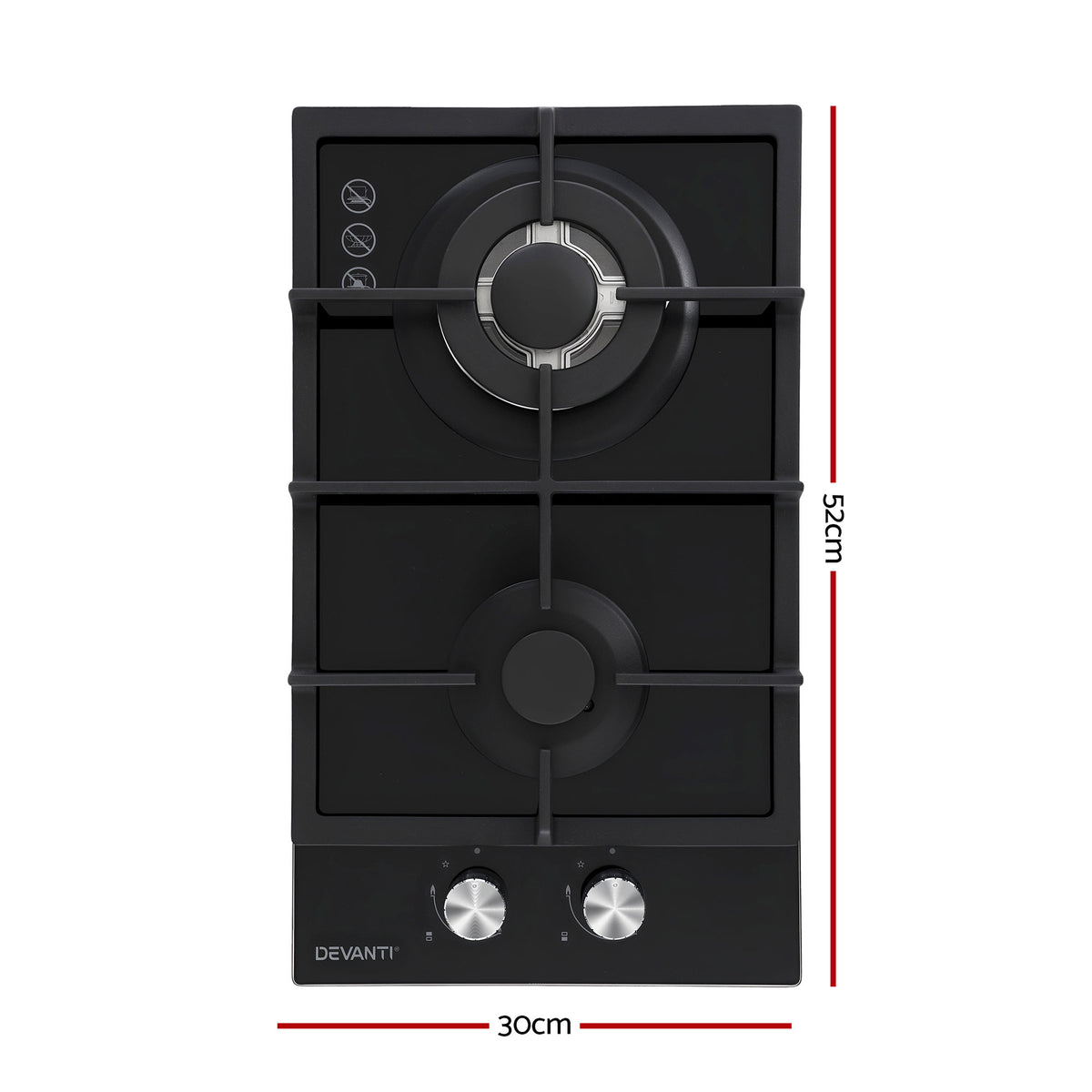 Gas Cooktop 30cm | 2 Burner | Built-In Glass | NG & LPG | Wok Burner