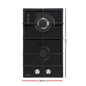 Gas Cooktop 30cm | 2 Burner | Built-In Glass | NG & LPG | Wok Burner