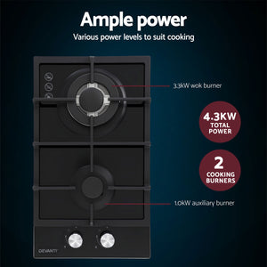 Gas Cooktop 30cm | 2 Burner | Built-In Glass | NG & LPG | Wok Burner