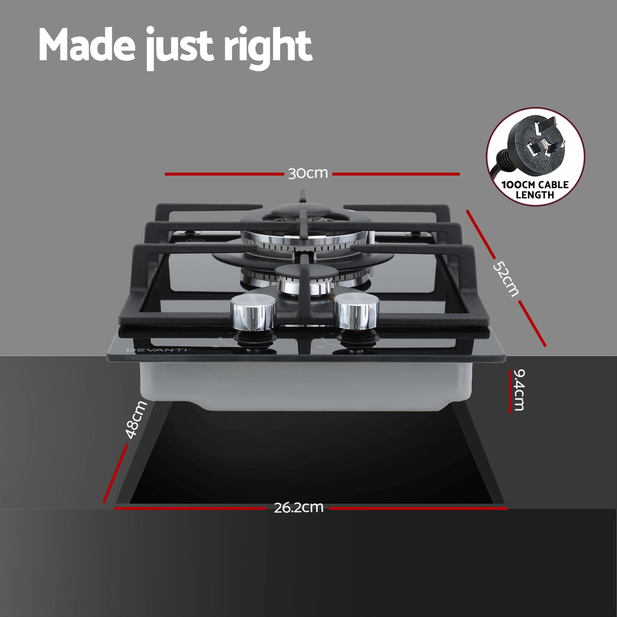 Gas Cooktop 30cm | 2 Burner | Built-In Glass | NG & LPG | Wok Burner