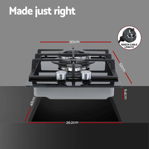 Gas Cooktop 30cm | 2 Burner | Built-In Glass | NG & LPG | Wok Burner