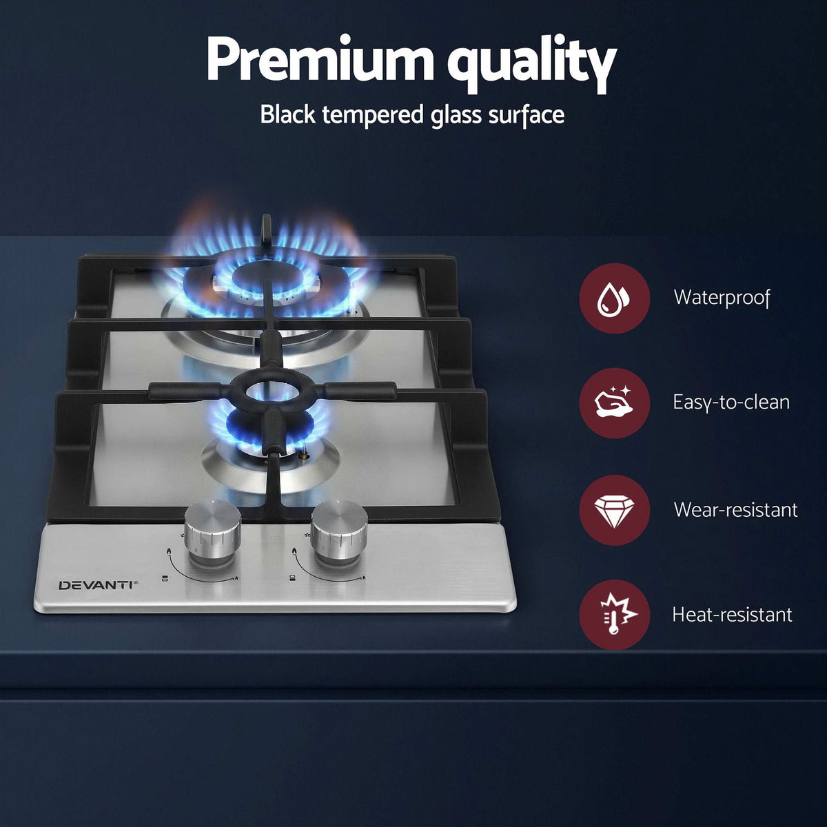 Devanti Gas Cooktop 30cm 2 Burner Silver