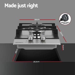 Devanti Gas Cooktop 30cm 2 Burner Silver