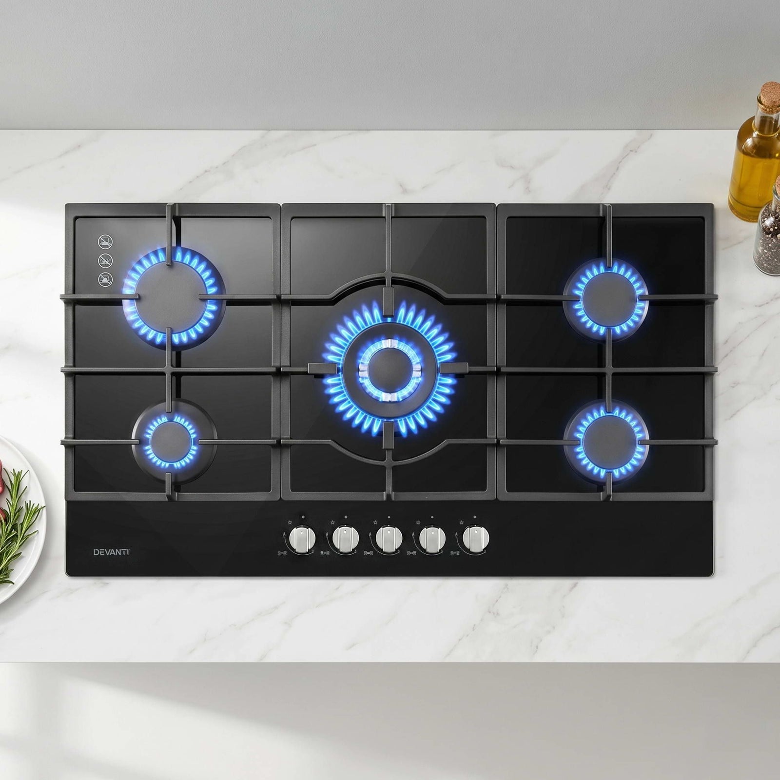 Gas Cooktop | 90cm 5 Burner LPG & Natural Gas Hob | Black Glass