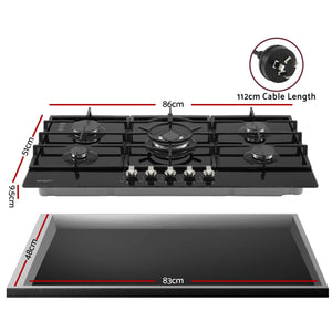 Devanti 90cm Gas Cooktop 5 Burner LPG NG Tempered Glass Hob Black