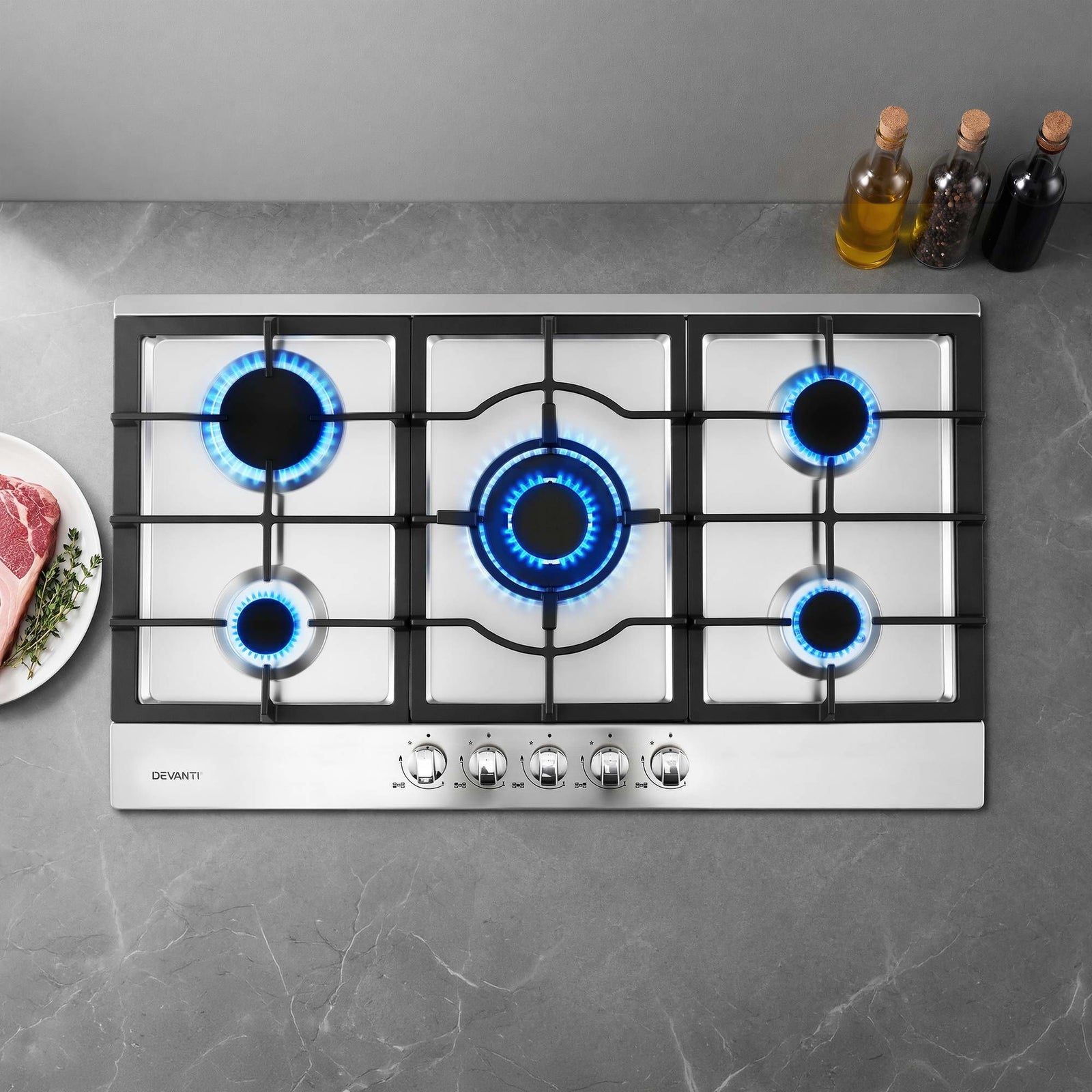 Gas Cooktop | 90cm 5 Burner LPG & Natural Gas Hob | Stainless Steel