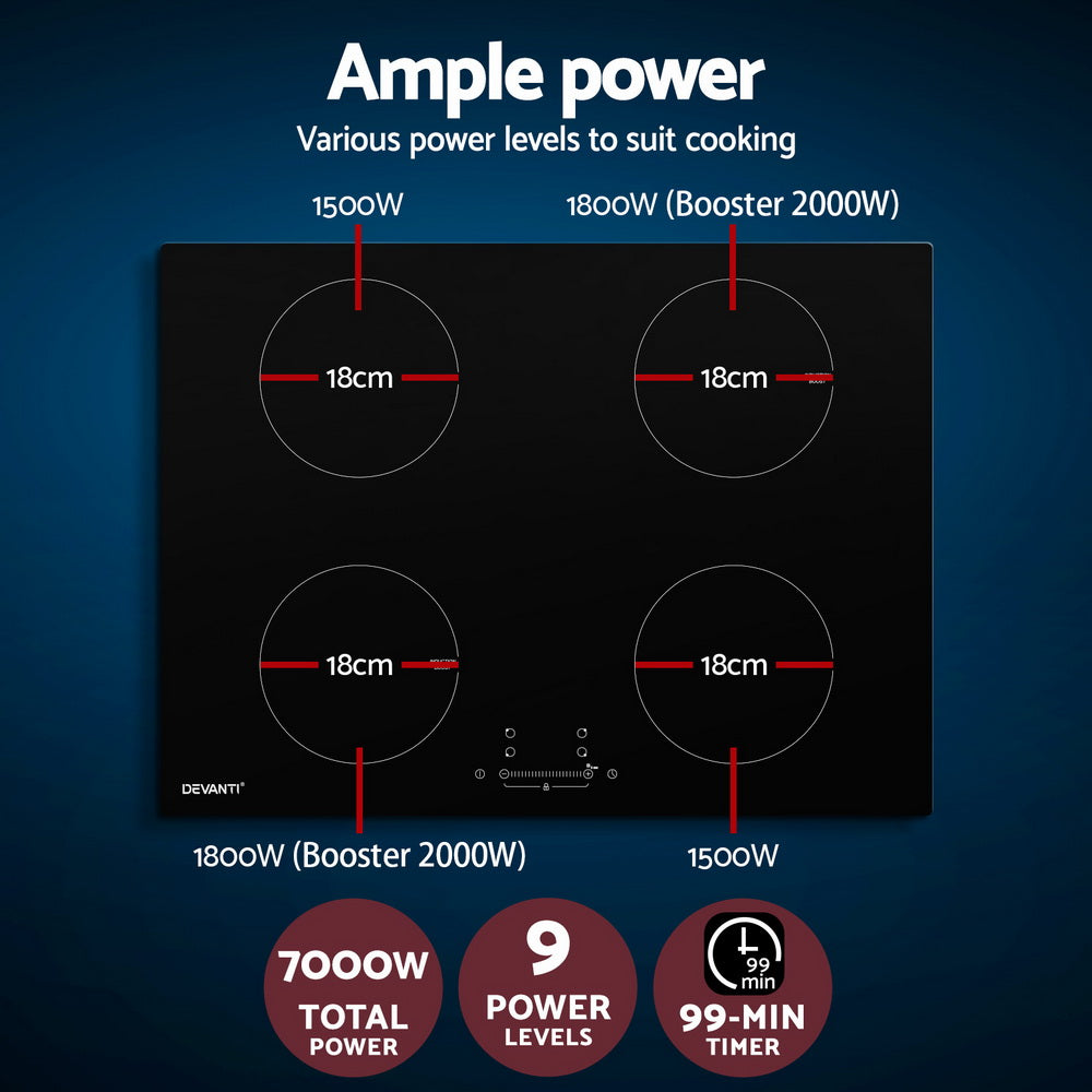 Devanti Electric Induction Cooktop | 70cm | Ceramic | 4 Zones | Stove Cook Top | Hot Plate | 7000W