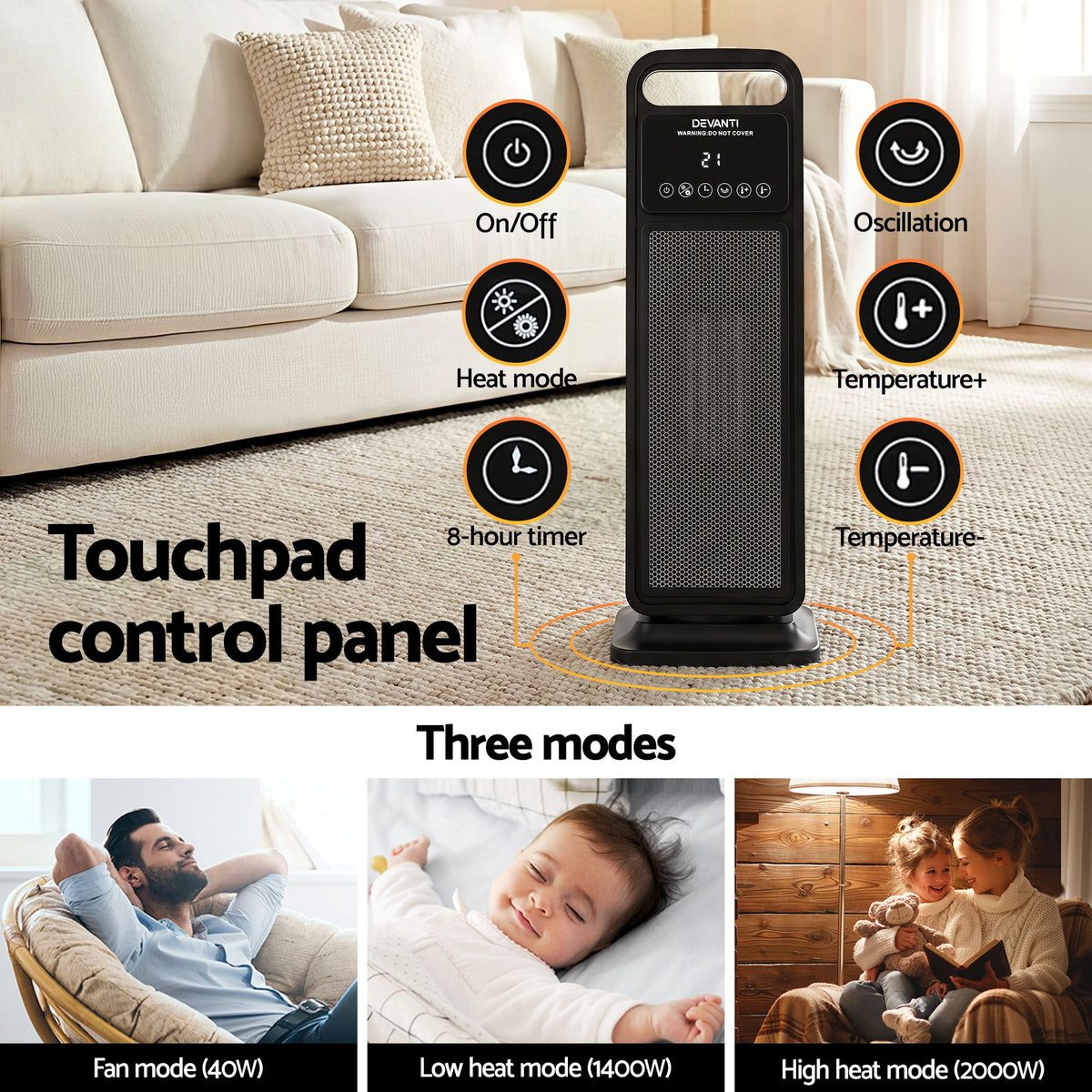 2000W Ceramic Tower Heater | Oscillating Indoor Space Heater | Black