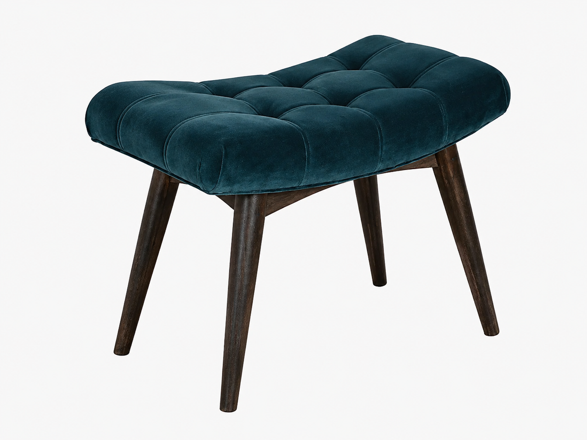 Curved Hallway Bench | Teal Cotton Velvet | Solid Mango Wood Frame | Upholstered Seating